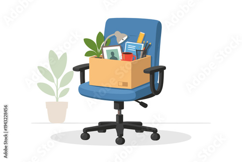 Vector illustration of a blue office chair with a cardboard box filled with personal belongings like a plant, lamp, and mug, symbolizing employee resignation, job loss, layoff, or firing.