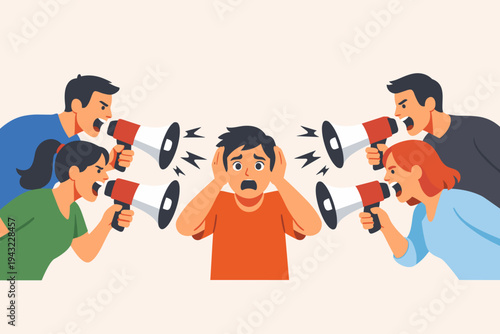 Vector illustration of a group of angry people shouting through megaphones at a scared young man covering his ears. Concept of bullying, social pressure, verbal abuse, and mental health stress.