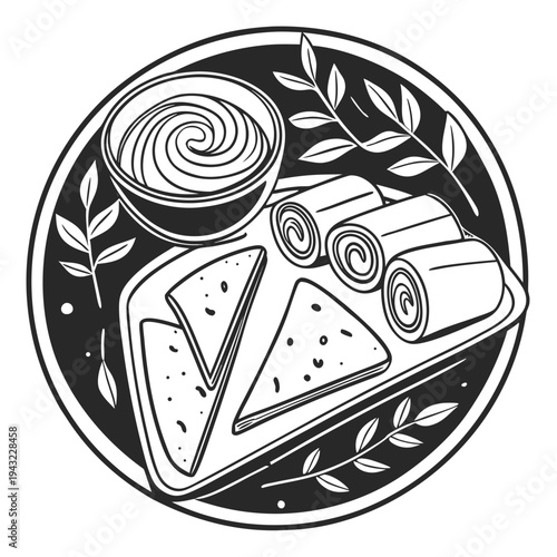 Vector illustration of monochrome food platter with rolls, triangles, dip and leaves in circular frame