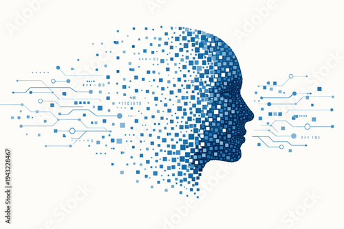 Artificial Intelligence Concept Vector Illustration of a Human Face Profile Formed by Digital Particles, Pixels, and Circuit Board Lines Representing Machine Learning, Big Data, and Innovation.