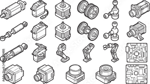 Detailed illustration of robotic components and mechanical parts, a comprehensive collection of engineering and technological elements.