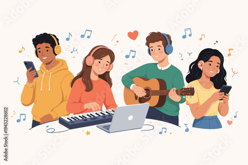 Flat vector illustration of diverse young people enjoying music, playing instruments like acoustic guitar and MIDI keyboard, using laptops and smartphones with headphones to create and listen.