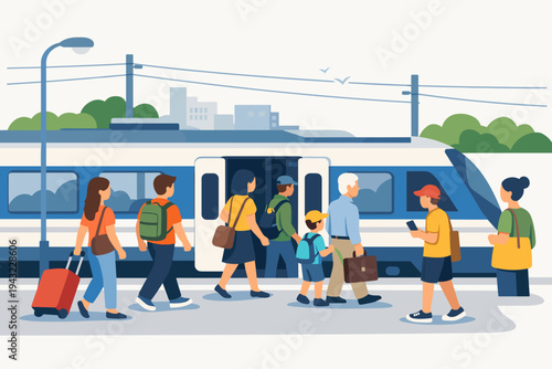 People Boarding a Modern Commuter Train at a Suburban Railway Station Platform, Diverse Passengers with Luggage, Backpacks, and Briefcases Traveling in the City, Flat Vector Illustration Scene
