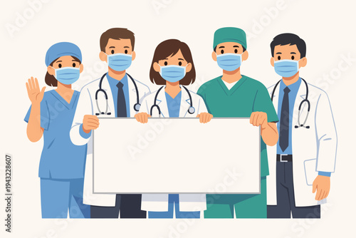 Diverse group of medical professionals, doctors and nurses wearing surgical face masks and scrubs, holding a large blank white message board for health advice, safety awareness and announcements.