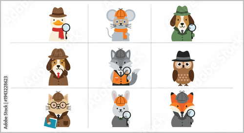 Cute animal detective characters collection with magnifying glass dog fox owl rabbit mouse wolf cartoon flat vector illustration set