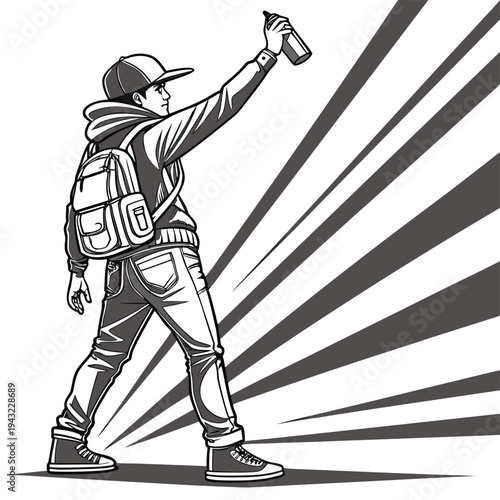 Vector illustration of street artist with spray can and backpack - urban graffiti culture illustration
