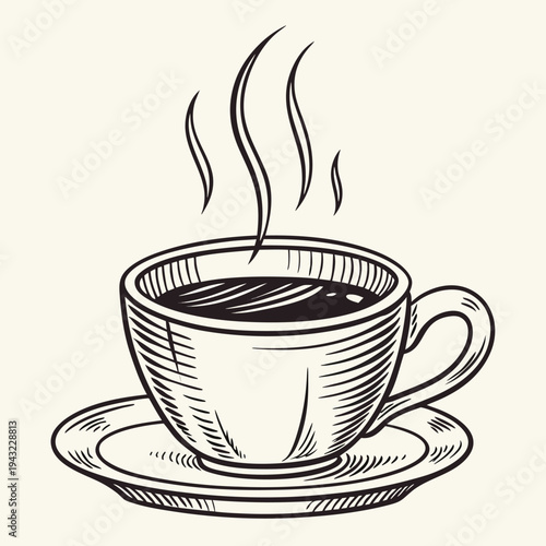 Vector illustration of steaming hot coffee cup on saucer - hand-drawn cafe beverage illustration