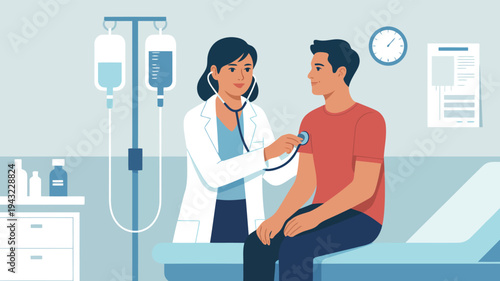 Friendly female doctor listens to a male patients chest with a stethoscope during a medical examination