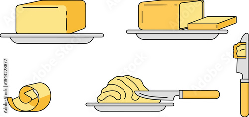 Butter block slices curls and spread with knife on plate dairy food ingredient minimal flat vector illustration isolated