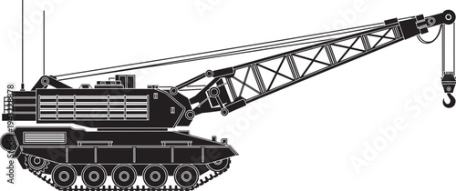 Tracked crane vector illustration, lattice boom with hook, heavy lifting equipment, construction machinery, industrial vehicle, rough terrain mobility, civil engineering, 