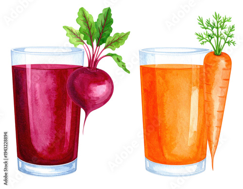 Watercolor illustration of fresh beetroot and carrot juice in glasses with whole vegetables