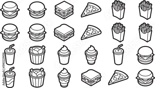 A collection of isometric line art icons depicting various fast food items, including burgers, sandwiches, pizza, french fries, fried chicken, and ice cream, arranged in a grid.