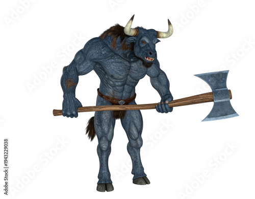 Mythical blue minotaur creature holding a large double headed axe