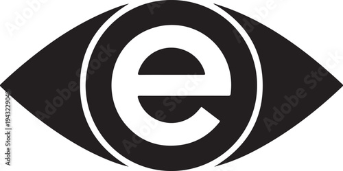 Minimalist black and white eye with a lowercase letter e in the center