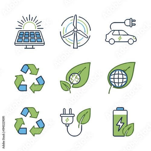 Renewable Energy and Eco Sustainability Line Icons Set with Solar Panel, Wind Turbine, Electric Car, Recycling and Green Power Symbols