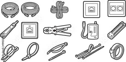 Diverse collection of network tools and components. A monochrome image showcases various instruments essential for modern networking, symbolizing the tools that facilitate seamless communication.