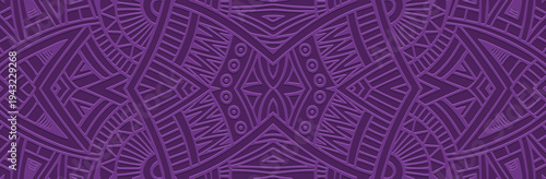 Banner, cover design, exotic fresco. Geometric decorative pattern, embossing. Purple background. Ornaments, arabesques, mandalas. Ethnic, tribal traditions of the East, Asia, India, Mexico, Aztecs