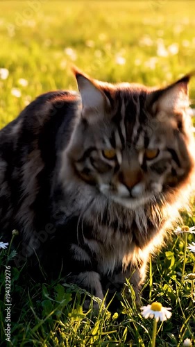 Maine Coon cat in green field.