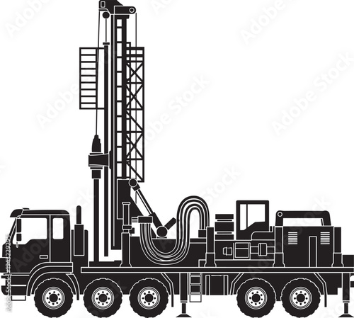 Black silhouette vector illustration of truck-mounted rotary drilling rig with tall mast, hydraulic system, heavy construction equipment outline, industrial boring machine