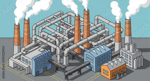 Industrial Factory with Pipes and Chimneys.