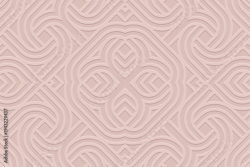Tribal pink background, banner, cover design, exotic mural. Geometric embossed decorative pattern. Ornamental motifs of the East, Asia, India, Mexico, Aztec, and Peru. Ethnic traditions.