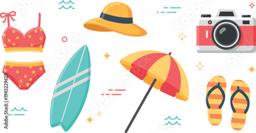 Summer beach vacation icons with bikini surfboard camera sun hat umbrella and flip flops vector illustration set