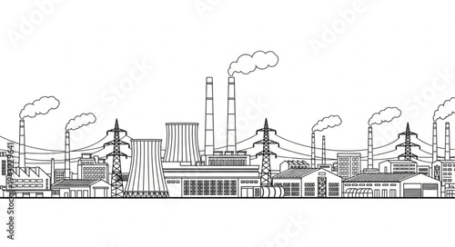 Industrial Factory with Smokestacks and Buildings.