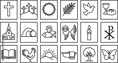 A collection of various religious symbols presented in a simple black and white design for spiritual or religious themes.