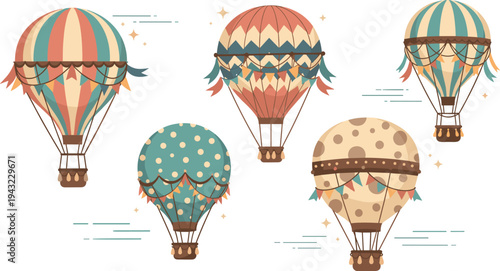 Vintage style hot air balloon collection with decorative patterns and pastel colors whimsical travel adventure vector illustration set