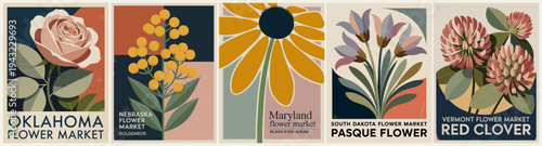 Retro flower market poster set featuring Oklahoma rose, Nebraska goldenrod, and Maryland black eyed Susan. Minimalist flat vector botanical illustrations with bold geometric backgrounds.