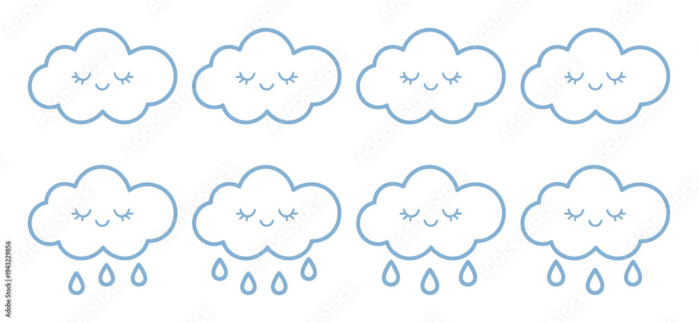 Obraz premium Cute Kawaii Clouds with Raindrops and Sleepy Faces