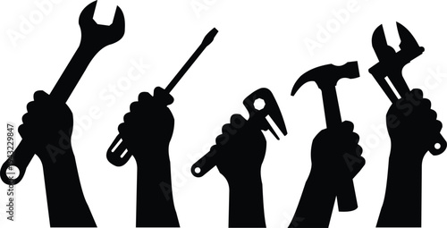 Hands Holding Essential Workshop Repair Construction Tools with vector illustration
