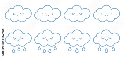 Cute Kawaii Clouds with Raindrops and Sleepy Faces