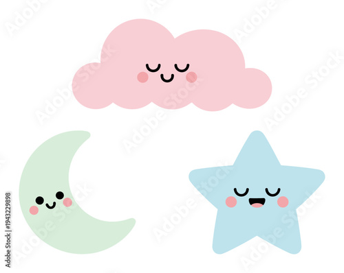 Cute Sleeping Cloud, Moon, and Star Characters