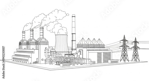 Industrial Factory with Smokestacks and Towers.