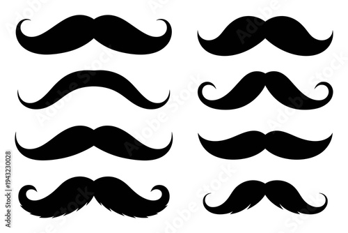 Collection of eight diverse black mustache on a white background