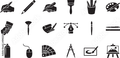 Brushes and painting icon set, thin line vector design for art, creativity, and design projects.