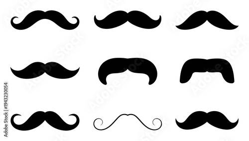 Collection of nine diverse black mustache silhouettes on a white background