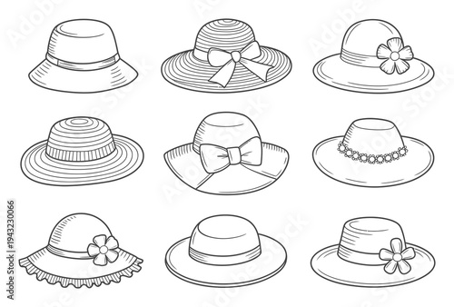 Collection of nine hand-drawn vintage-style hats for women