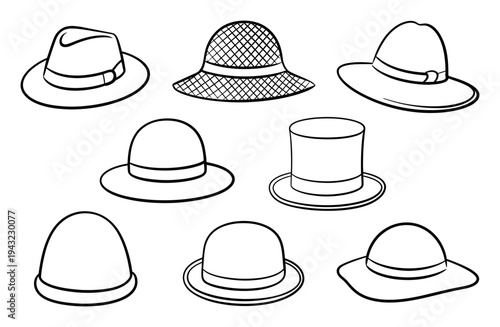 Collection of Various Hat Styles in Black and White Outline