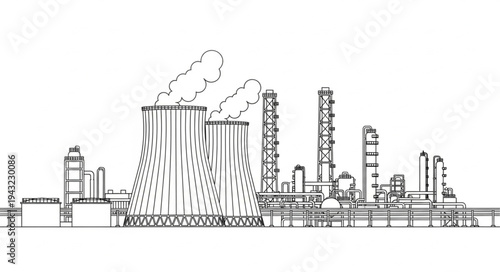 Industrial Factory with Smokestacks and Towers.