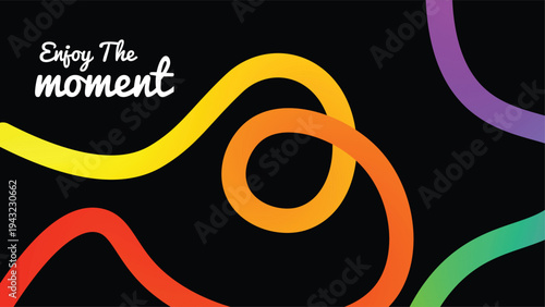 Abstract Colorful Gradient Ribbon Waves and Spiral Lines, Modern Rainbow Background on Black