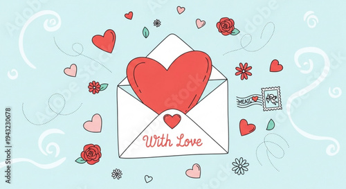 Valentine's day card with heart shaped envelope and flowers on light blue background with swirly patterns