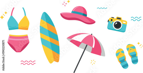 Summer beach vacation icons with bikini surfboard sun hat umbrella flip flops and camera vector illustration set