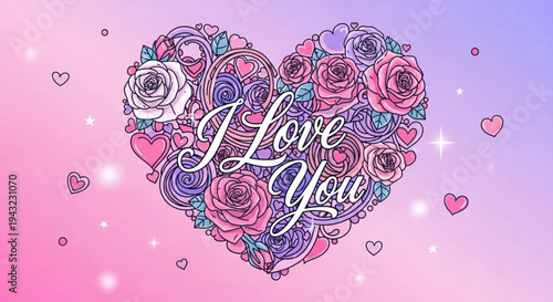 Valentine's day heart with roses and 'i love you' message on pink purple background with sparkles and hearts