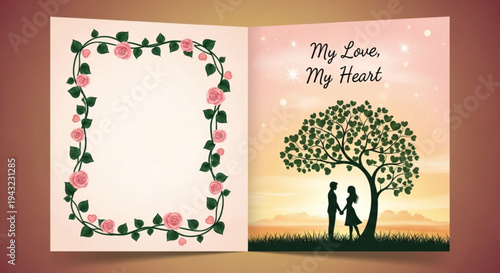 Romantic valentine's day card with floral border and loving couple under tree at sunset