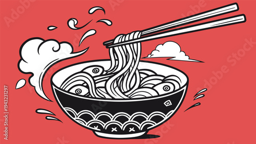 Vector illustration of bowl of ramen noodles with chopsticks, traditional japanese food illustration