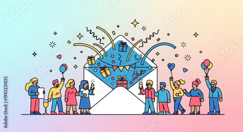 People celebrating around an open envelope with colorful confetti and gifts inside symbolizing joy and surprise