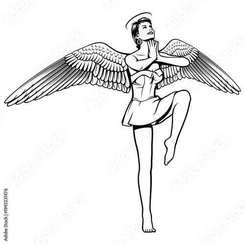 Cute Angel Girl with Spread Wings. Black and white vector clipart in pin up, pop art style.