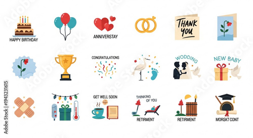 Collection of colorful greeting icons for various life events and celebrations